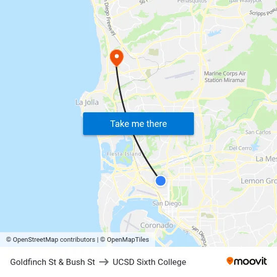 Goldfinch St & Bush St to UCSD Sixth College map