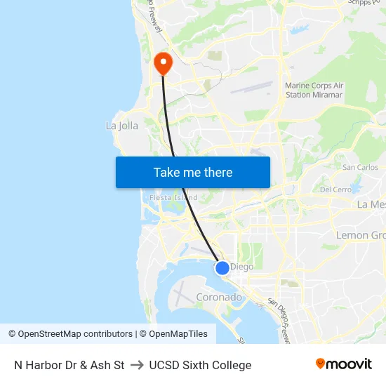 N Harbor Dr & Ash St to UCSD Sixth College map