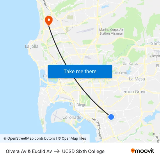 Olvera Av & Euclid Av to UCSD Sixth College map