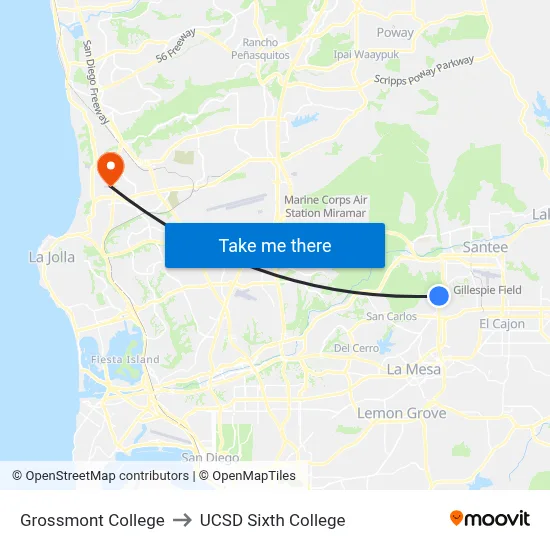 Grossmont College to UCSD Sixth College map