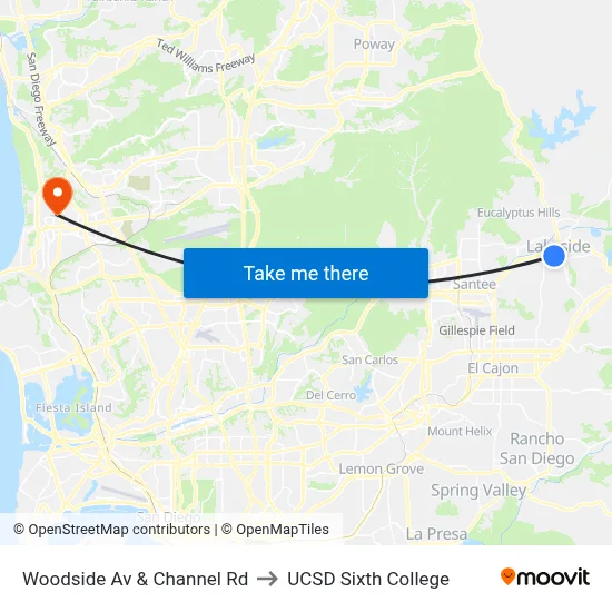 Woodside Av & Channel Rd to UCSD Sixth College map