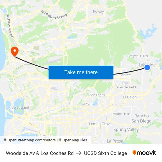 Woodside Av & Los Coches Rd to UCSD Sixth College map