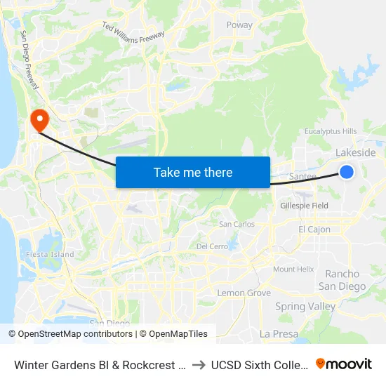 Winter Gardens Bl & Rockcrest Rd to UCSD Sixth College map