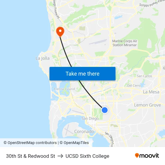 30th St & Redwood St to UCSD Sixth College map