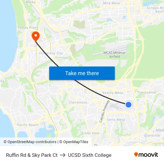 Ruffin Rd & Sky Park Ct to UCSD Sixth College map