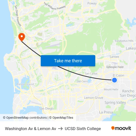 Washington Av & Lemon Av to UCSD Sixth College map