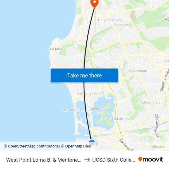 West Point Loma Bl & Mentone St to UCSD Sixth College map