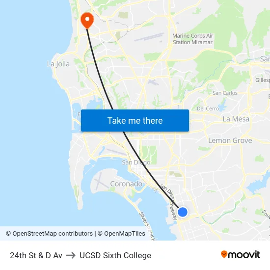 24th St & D Av to UCSD Sixth College map