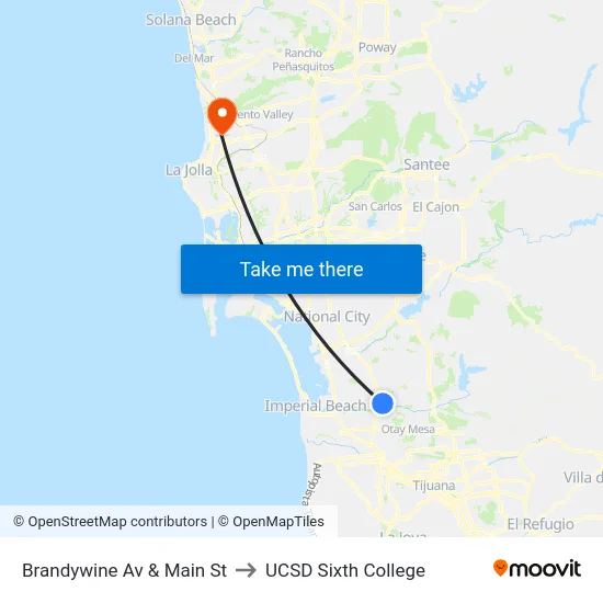 Brandywine Av & Main St to UCSD Sixth College map