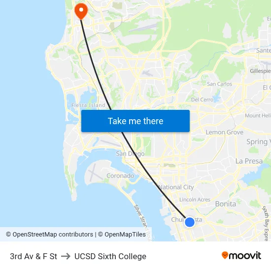 3rd Av & F St to UCSD Sixth College map