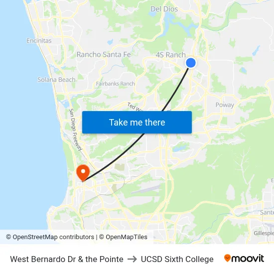 West Bernardo Dr & the Pointe to UCSD Sixth College map