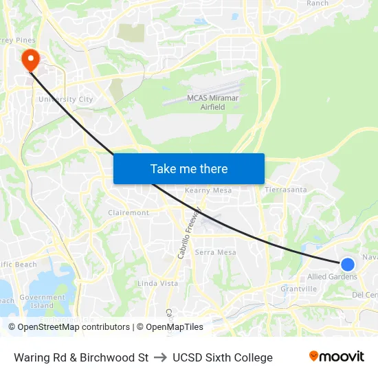 Waring Rd & Birchwood St to UCSD Sixth College map