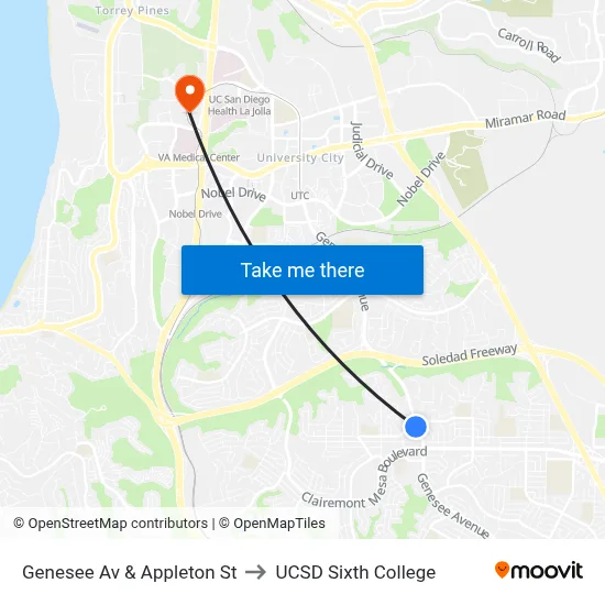 Genesee Av & Appleton St to UCSD Sixth College map