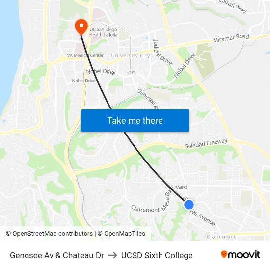 Genesee Av & Chateau Dr to UCSD Sixth College map