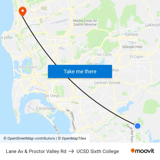 Lane Av & Proctor Valley Rd to UCSD Sixth College map