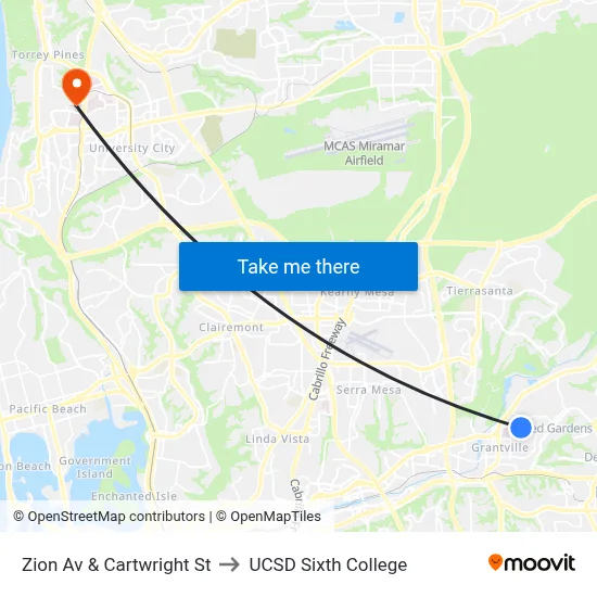 Zion Av & Cartwright St to UCSD Sixth College map