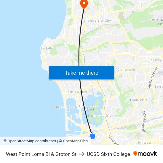 West Point Loma Bl & Groton St to UCSD Sixth College map