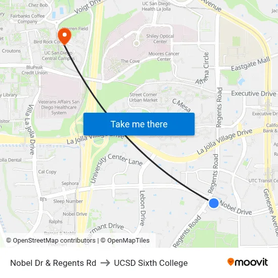 Nobel Dr & Regents Rd to UCSD Sixth College map