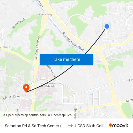 Scranton Rd & Sd Tech Center (9805) to UCSD Sixth College map