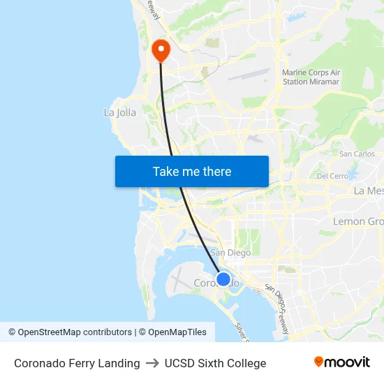 Coronado Ferry Landing to UCSD Sixth College map