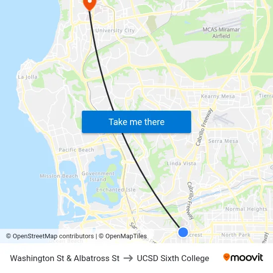 Washington St & Albatross St to UCSD Sixth College map
