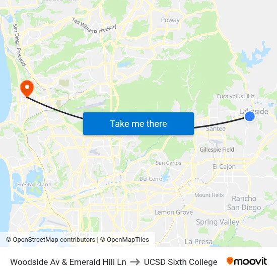Woodside Av & Emerald Hill Ln to UCSD Sixth College map
