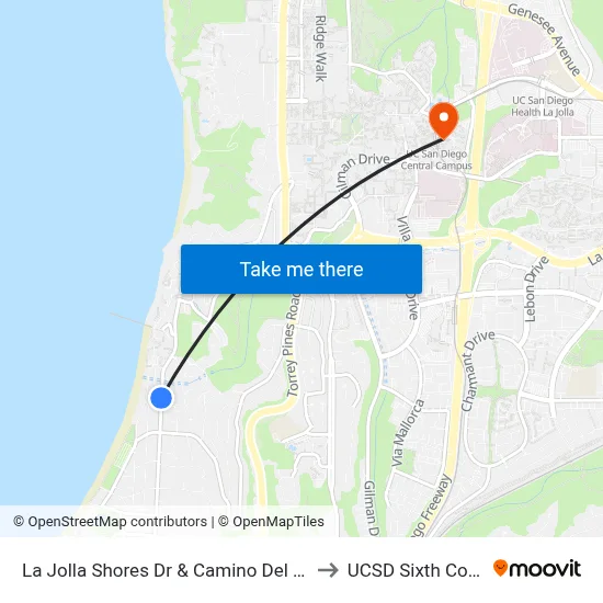La Jolla Shores Dr & Camino Del Collado to UCSD Sixth College map