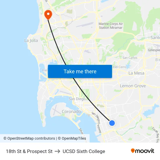 18th St & Prospect St to UCSD Sixth College map