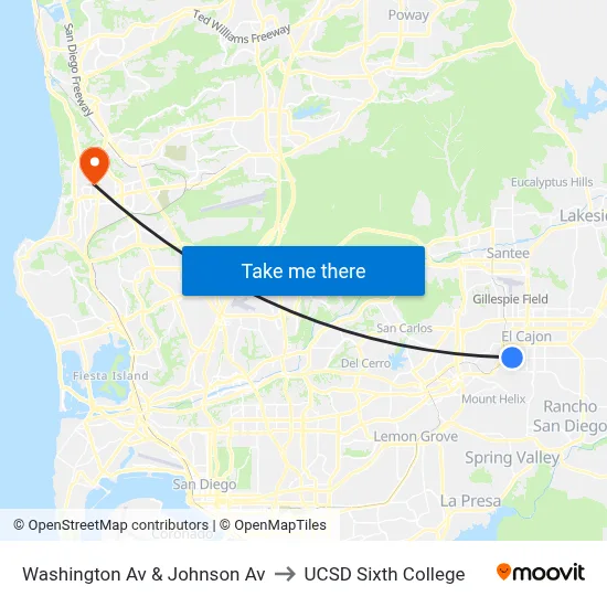 Washington Av & Johnson Av to UCSD Sixth College map