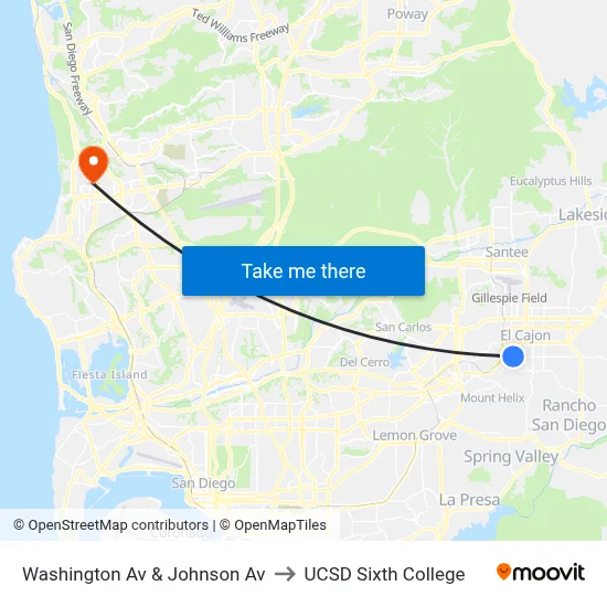 Washington Av & Johnson Av to UCSD Sixth College map