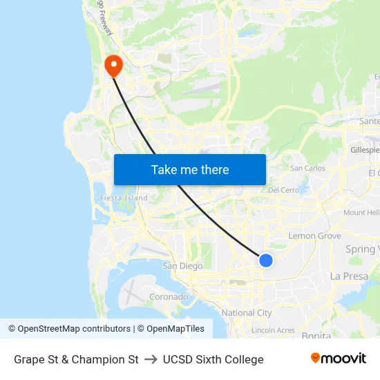 Grape St & Champion St to UCSD Sixth College map