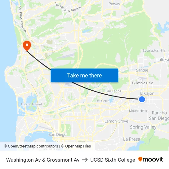 Washington Av & Grossmont Av to UCSD Sixth College map
