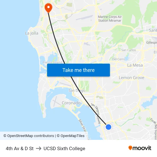 4th Av & D St to UCSD Sixth College map