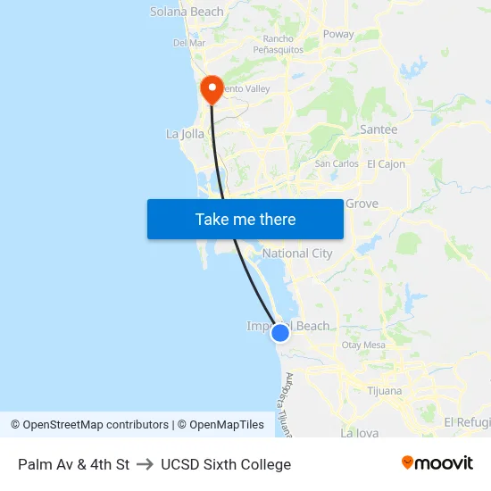Palm Av & 4th St to UCSD Sixth College map