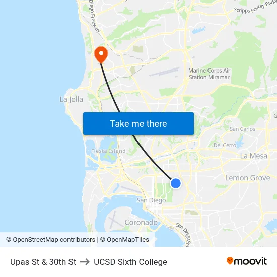 Upas St & 30th St to UCSD Sixth College map