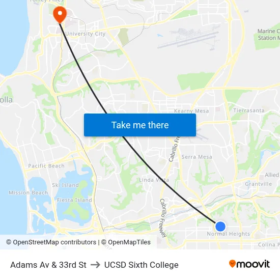 Adams Av & 33rd St to UCSD Sixth College map