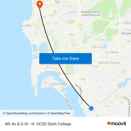 4th Av & G St to UCSD Sixth College map
