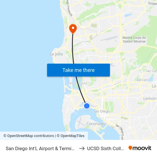 San Diego Int'L Airport & Terminal 1 to UCSD Sixth College map