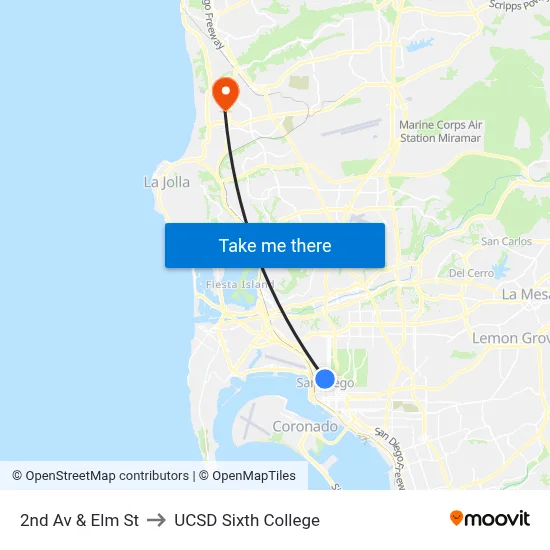 2nd Av & Elm St to UCSD Sixth College map