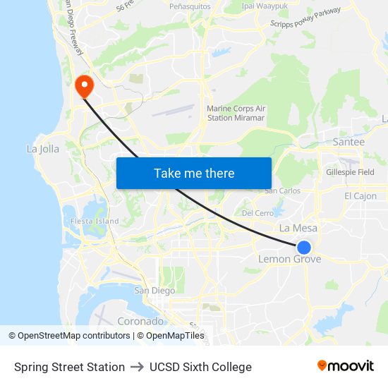 Spring Street Station to UCSD Sixth College map