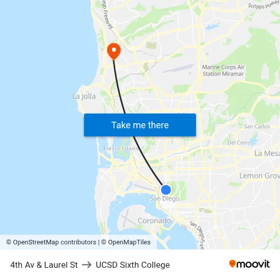 4th Av & Laurel St to UCSD Sixth College map