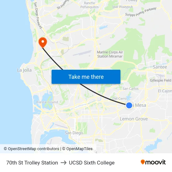 70th St Trolley Station to UCSD Sixth College map