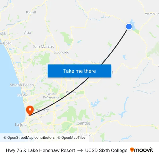 Hwy 76 & Lake Henshaw Resort to UCSD Sixth College map