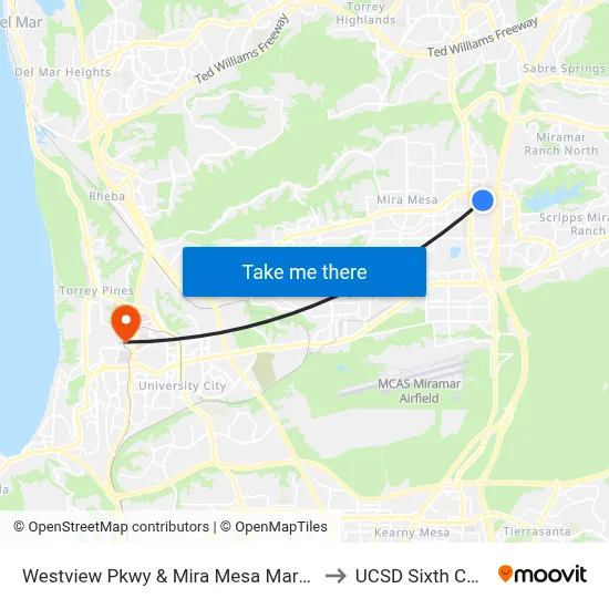 Westview Pkwy & Mira Mesa Marketcenter to UCSD Sixth College map