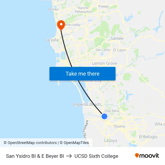 San Ysidro Bl & E Beyer Bl to UCSD Sixth College map