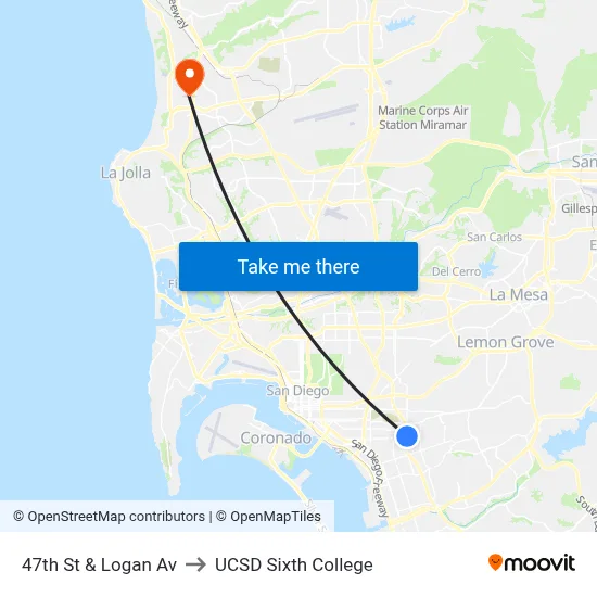 47th St & Logan Av to UCSD Sixth College map