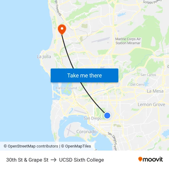 30th St & Grape St to UCSD Sixth College map