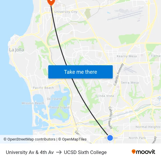 University Av & 4th Av to UCSD Sixth College map