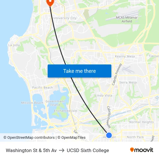 Washington St & 5th Av to UCSD Sixth College map