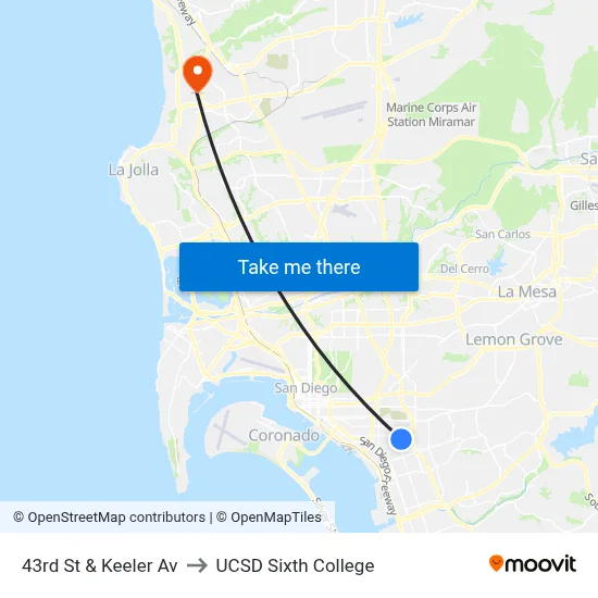 43rd St & Keeler Av to UCSD Sixth College map